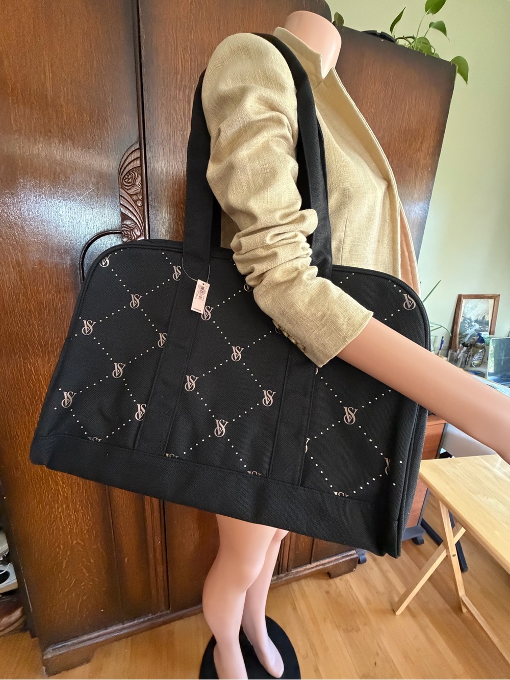 Victoria’s Secret Large Black Canvas Shoulder Tote - Logo & Rhinestones Details